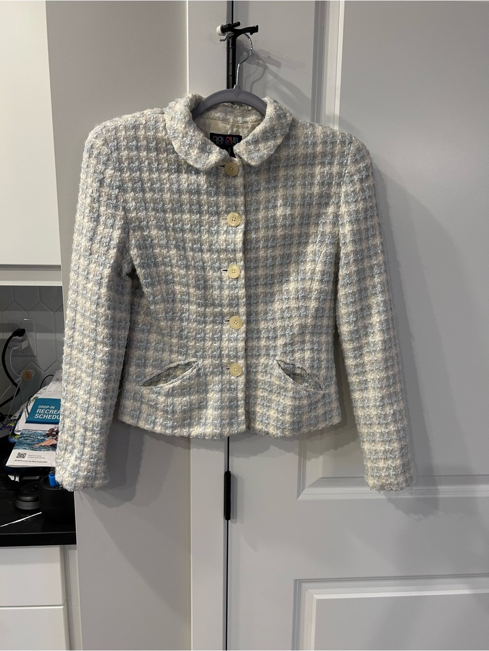 Vintage Colour Eighteen Cream Blue Tweed Bouclé Jacket Blazer Cotton/Silk Blend